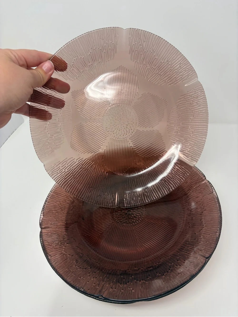 4 Dinner Plates Forte Crista Mexico Amethyst Purple Sunflower Glass 10”